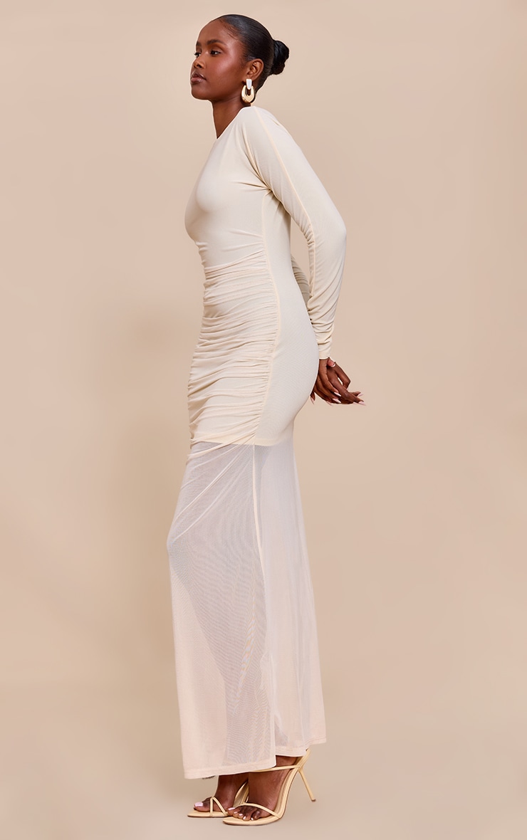 Cream Ruched Long Sleeve Maxi Dress image 3