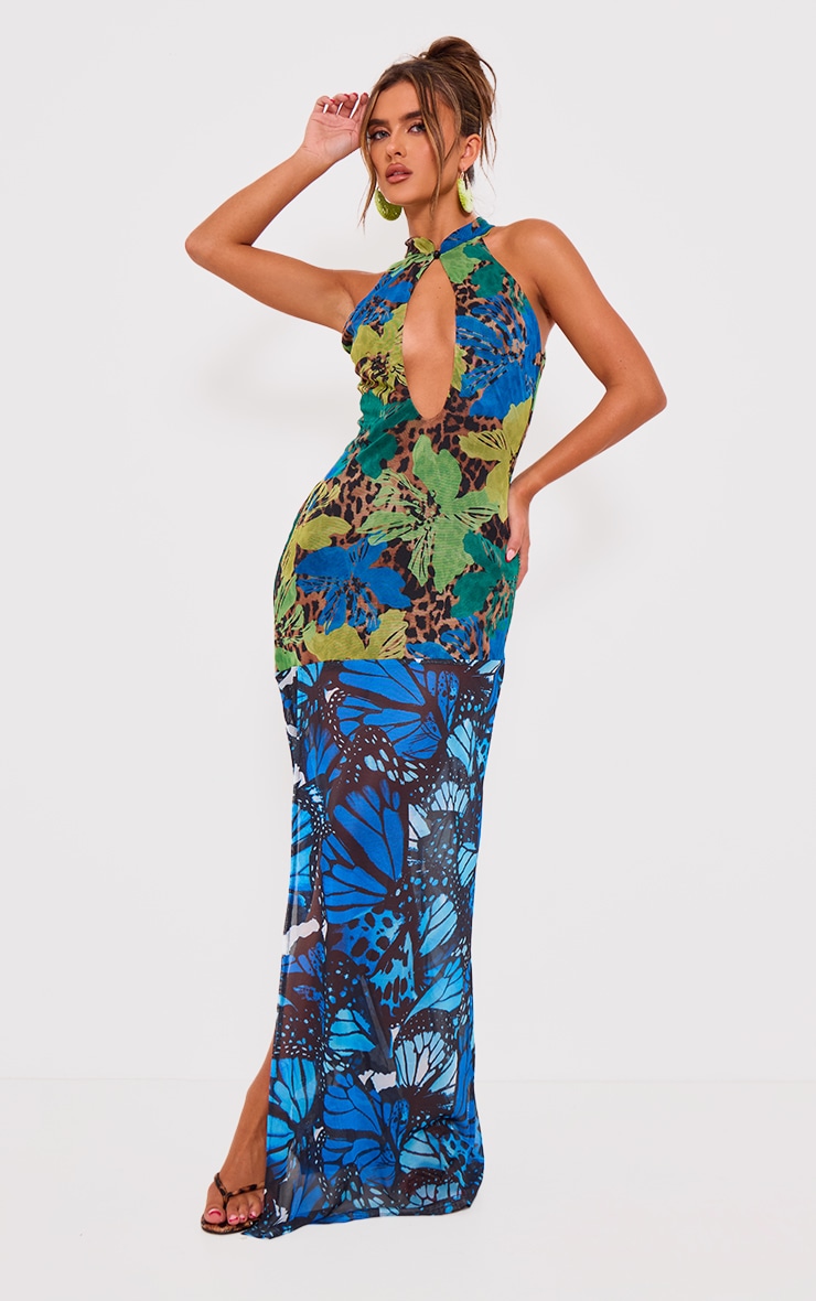 Blue Print Mesh Extreme Cut Out Maxi Dress image 3