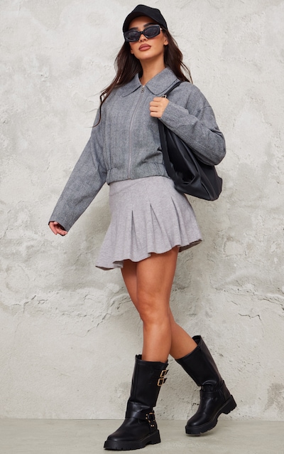 Mini-jupe plissée en maille tricot douce gris chiné