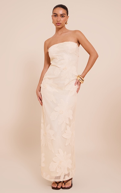 Natural Floral Embroidered Textured Bandeau Maxi Dress