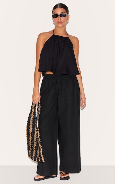 Petite Black Linen Drawstring Waist Trousers