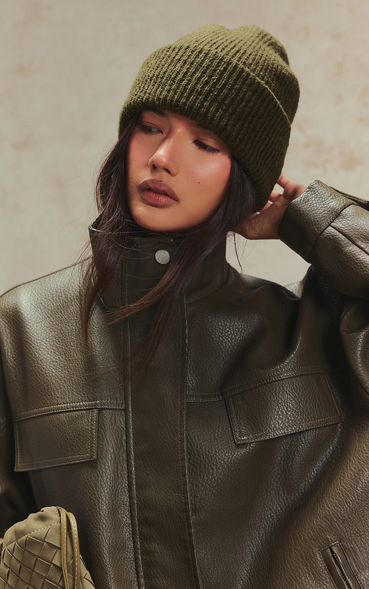 Olive Brushed Knit Fold Over Beanie image 1