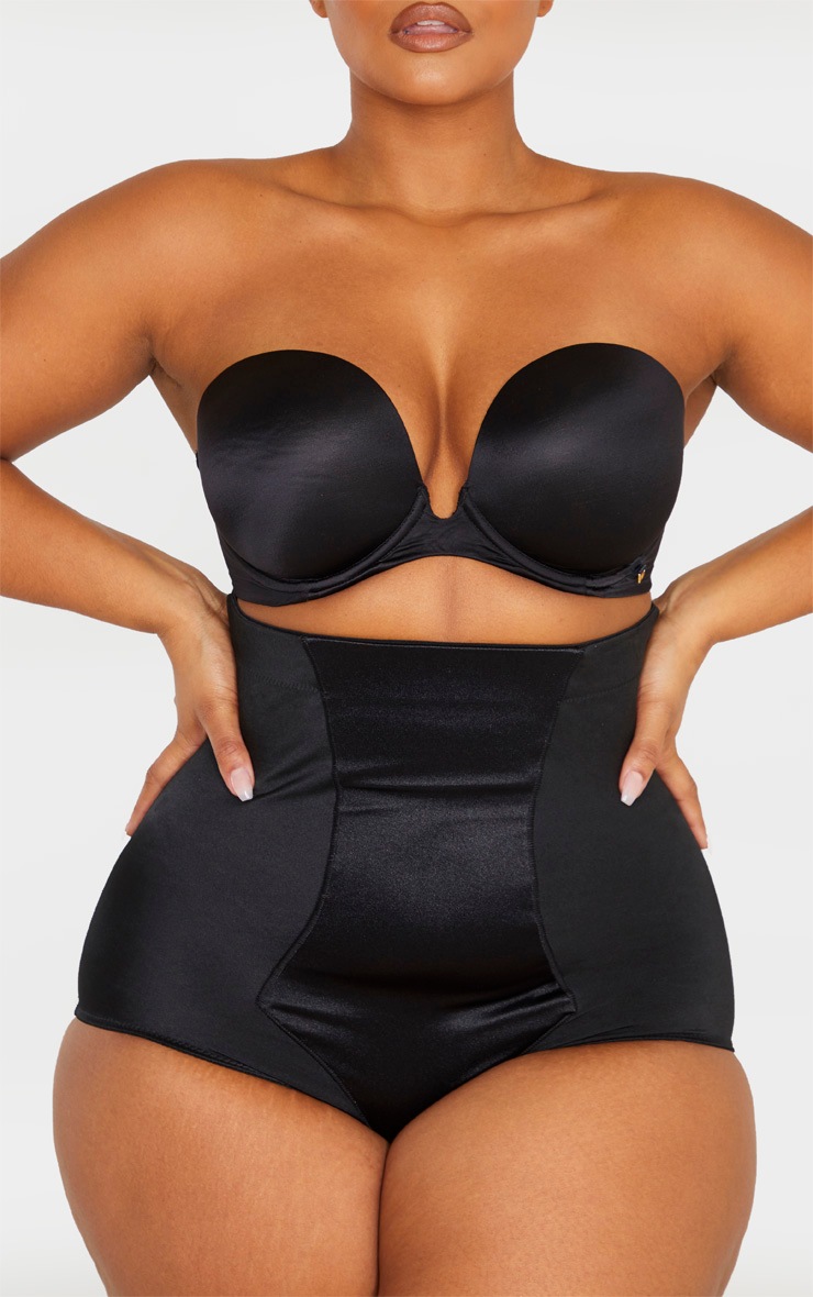 Plus Black Satin Panelled High Waist Control Shapewear Brief