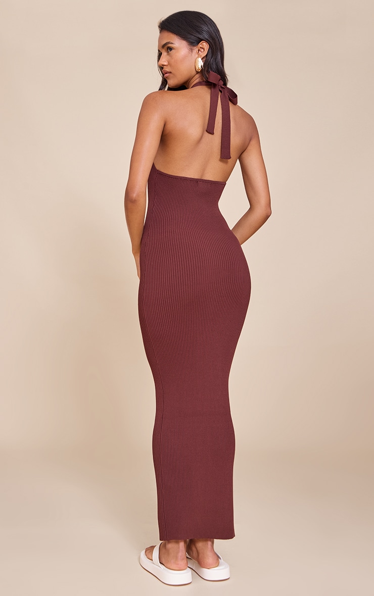 Chocolate Ribbed Knit Twist Back Maxi Dress image 2