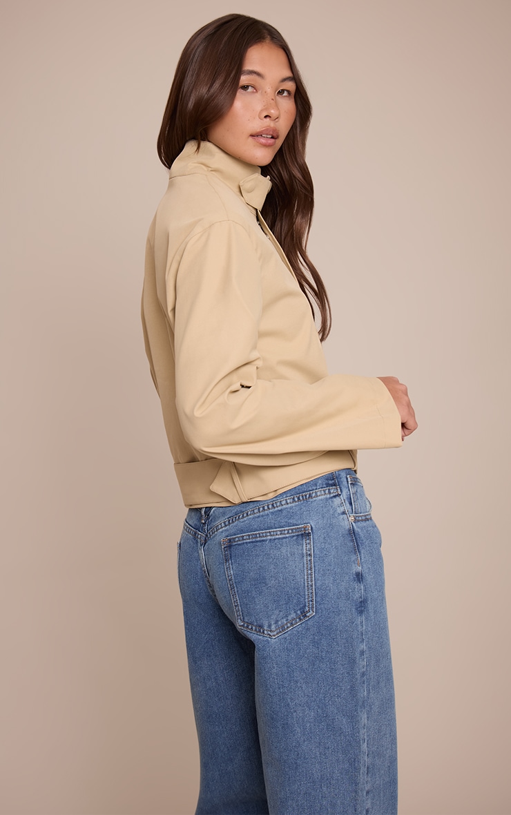Beige Cropped Belted Biker Jacket image 2