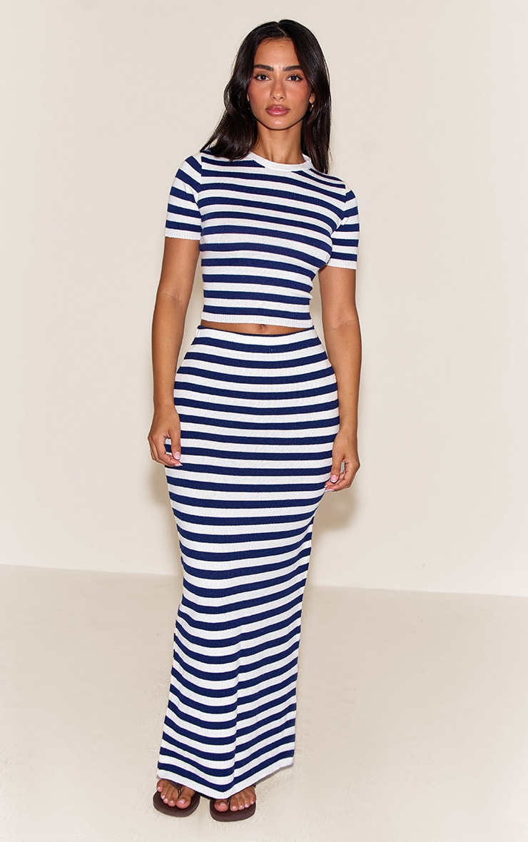 Petite Jupe longue en maille tricot bleu marine à rayures et taille basse image 1