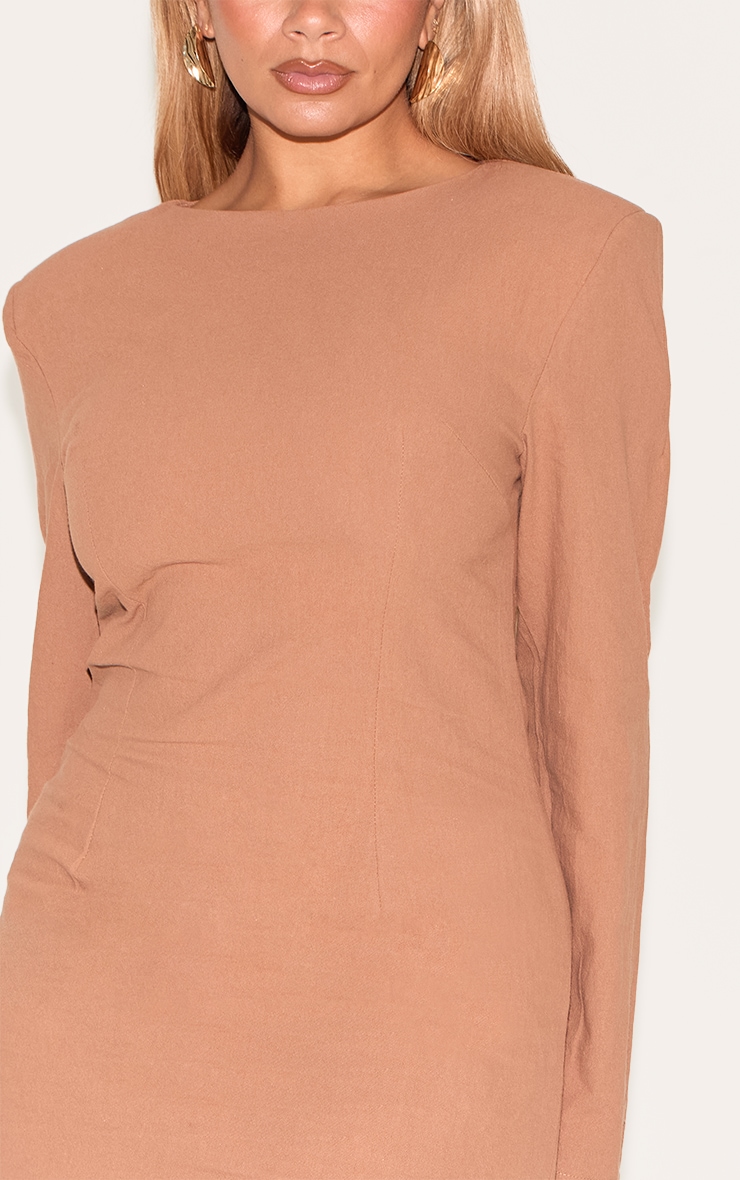 Shape Mocha Linen Look Boat Neck Shoulder Pad Mini Dress image 4