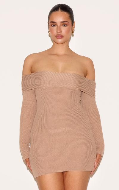 Shape Mocha Off Shoulder Fold Over Knitted Bodycon Dress