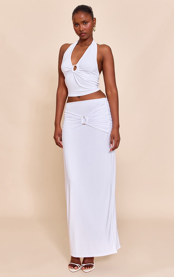 White Ruched Detail Flowy Maxi Skirt image 1