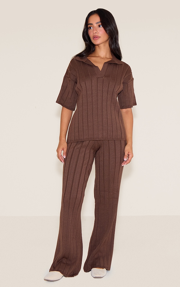 Petite Pantalon large en maille tricot côtelée chocolat