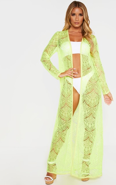 Neon Yellow Lace Maxi Kimono