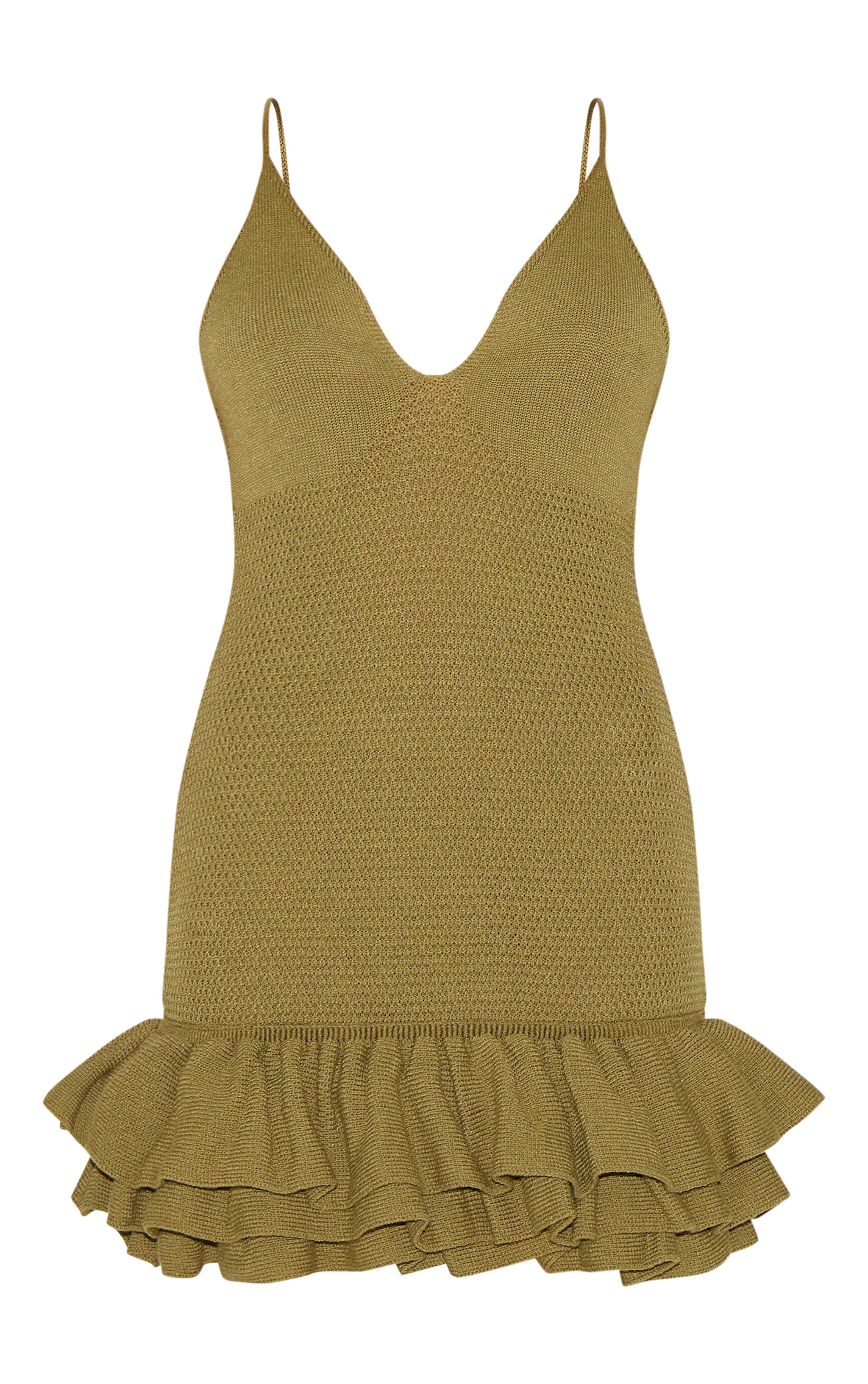 Petite Mini robe en maille tricot vert olive à bretelles fines et ourlet volanté image 5