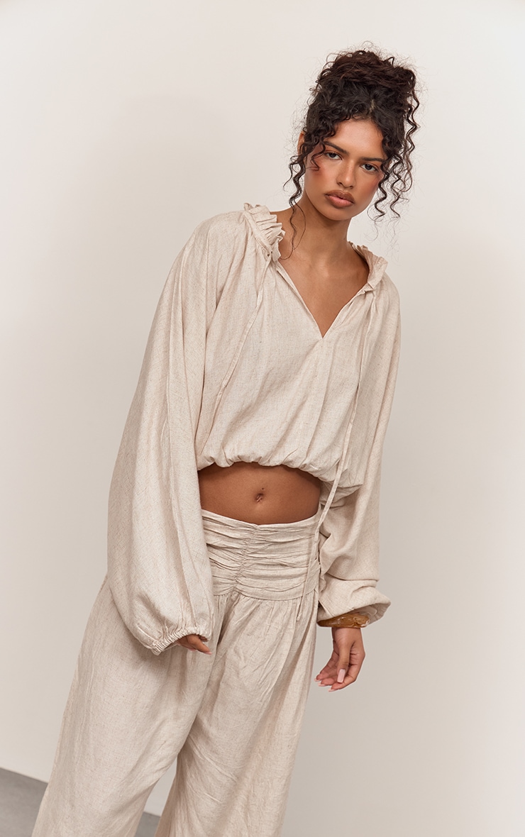 Beige Linen Collared Balloon Style Top