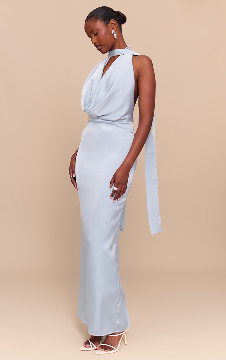Baby Blue Satin Cowl Neck Drape Maxi Dress image 3