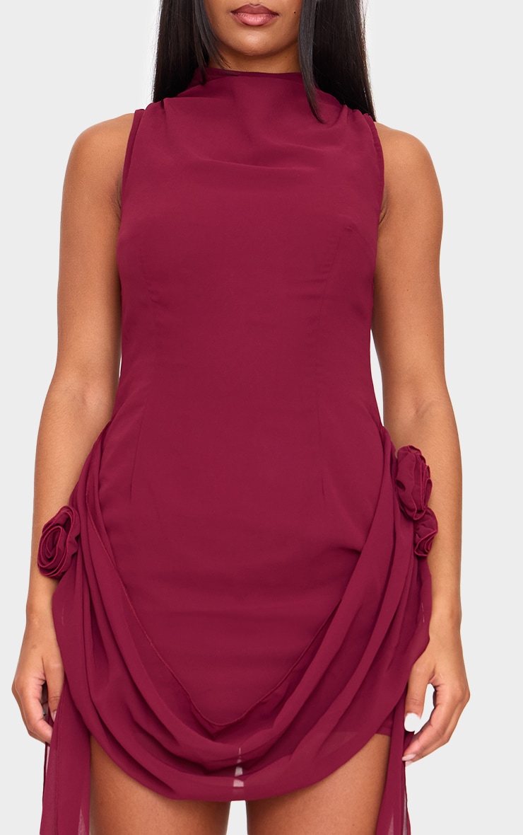 Burgundy Chiffon Boat Neck Drape Detail Mini Dress image 4