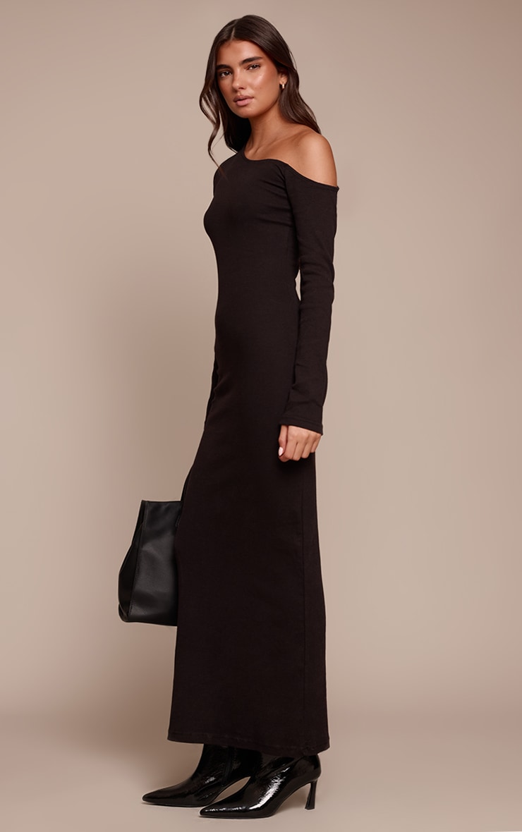 Black Ribbed Asymmetric Long Sleeve Maxi Dress image 3
