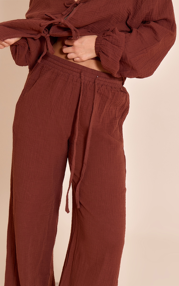 Dark Brown Cheesecloth Textured Wide Leg Pant image 4