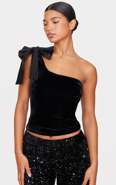 Black Asymmetric Velvet Sequin Bow Detail Long Top