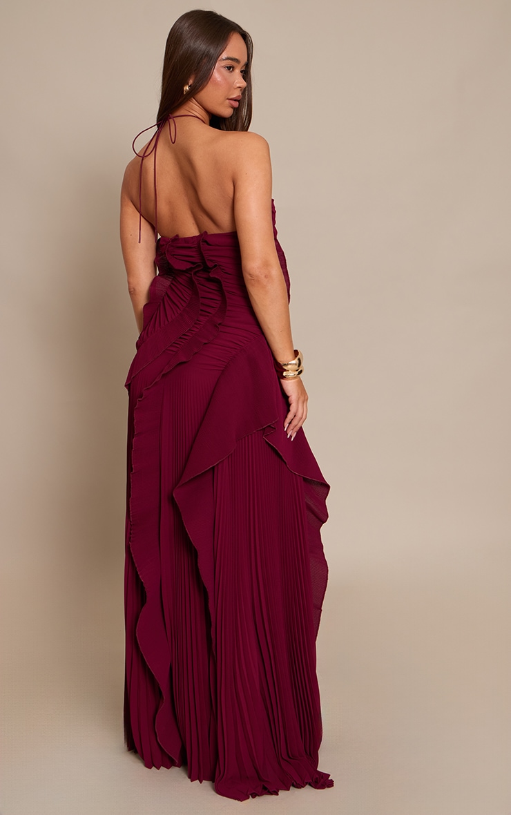 Burgundy Pleated Frill Halterneck Maxi Dress image 2