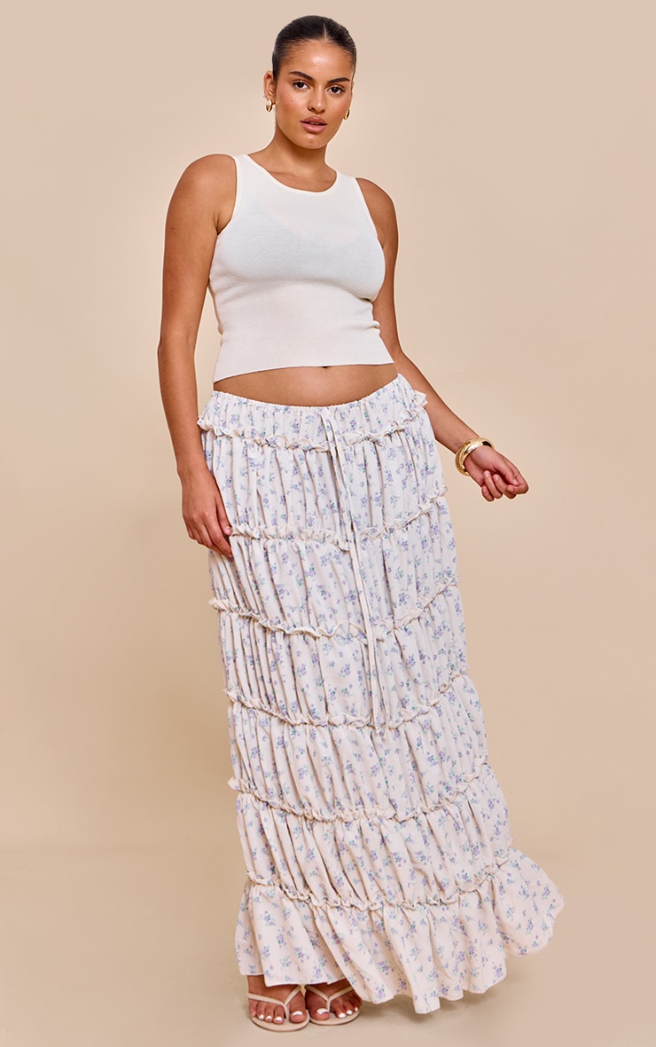Plus Blue Ditsy Floral Print Tiered Maxi Skirt image 1