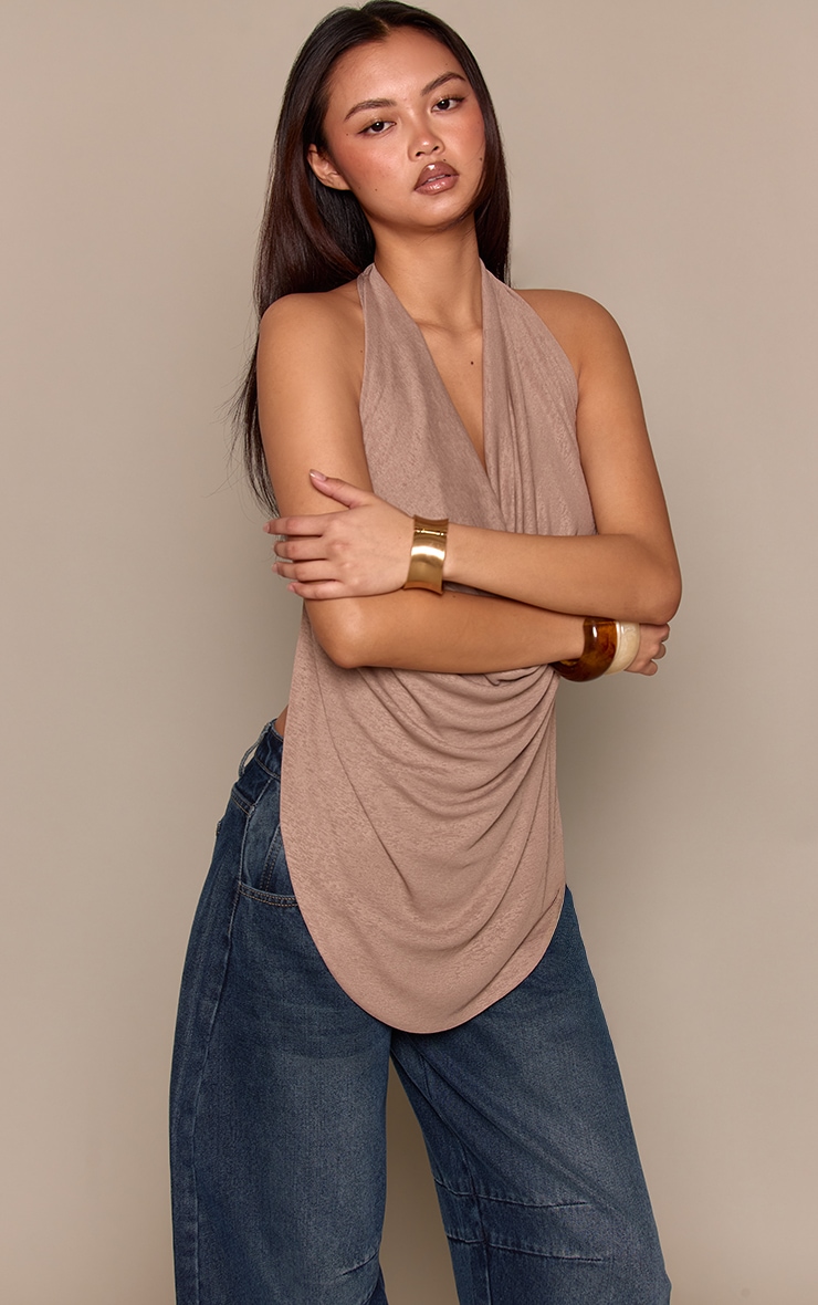 Taupe Burnout Mesh Extreme Cowl Neck Longline Top image 4