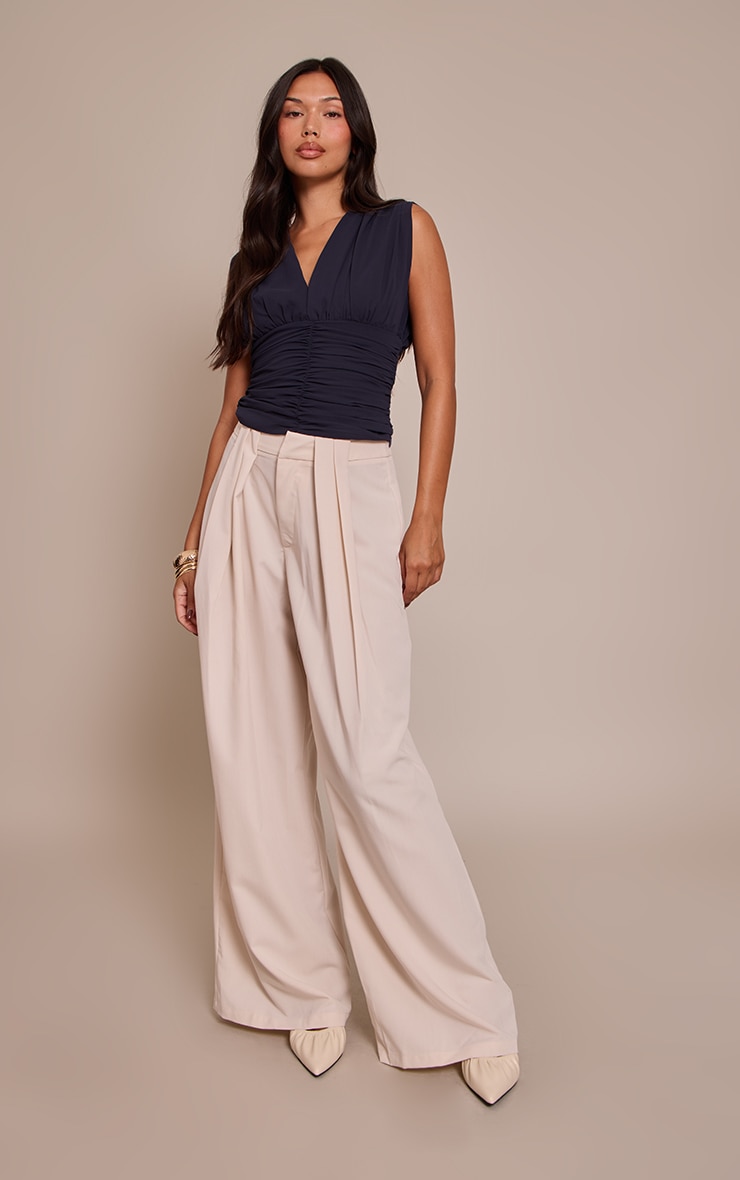 Navy Chiffon Plunge Ruched Bodice Top image 3
