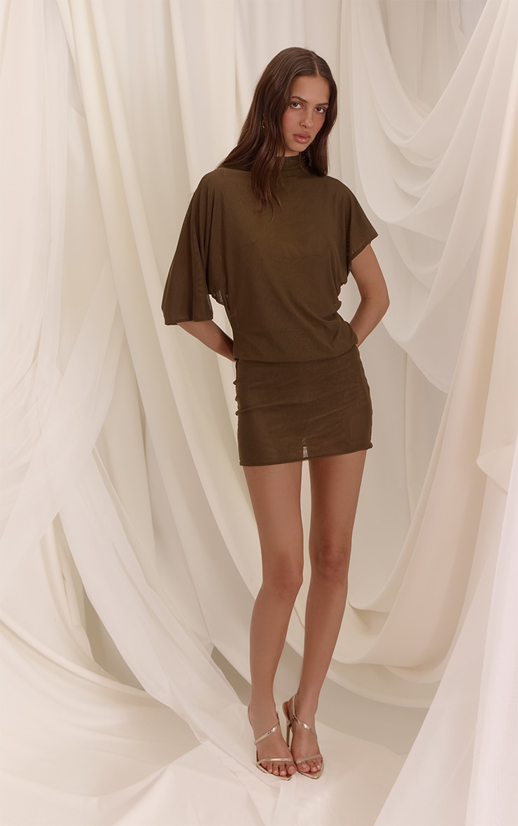 Golden Olive Mesh Draped Sleeve Bodycon Dress image 3