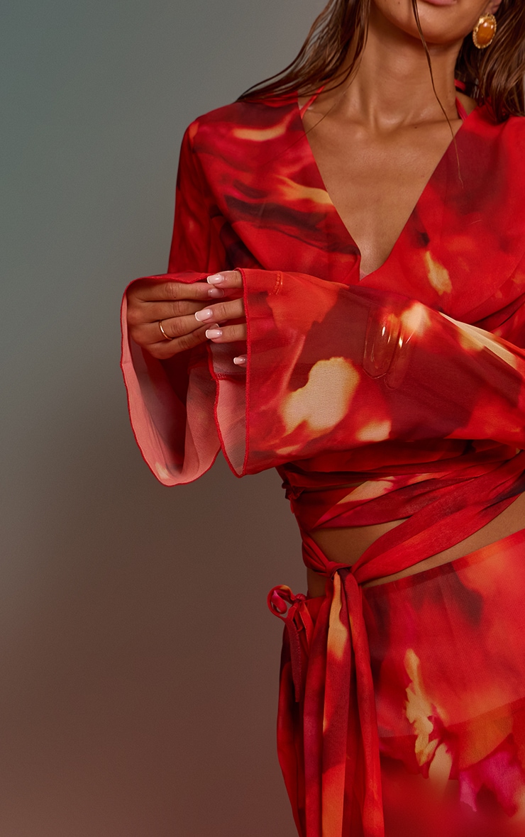 Red Printed Chiffon Wrap Waist Beach Top image 4