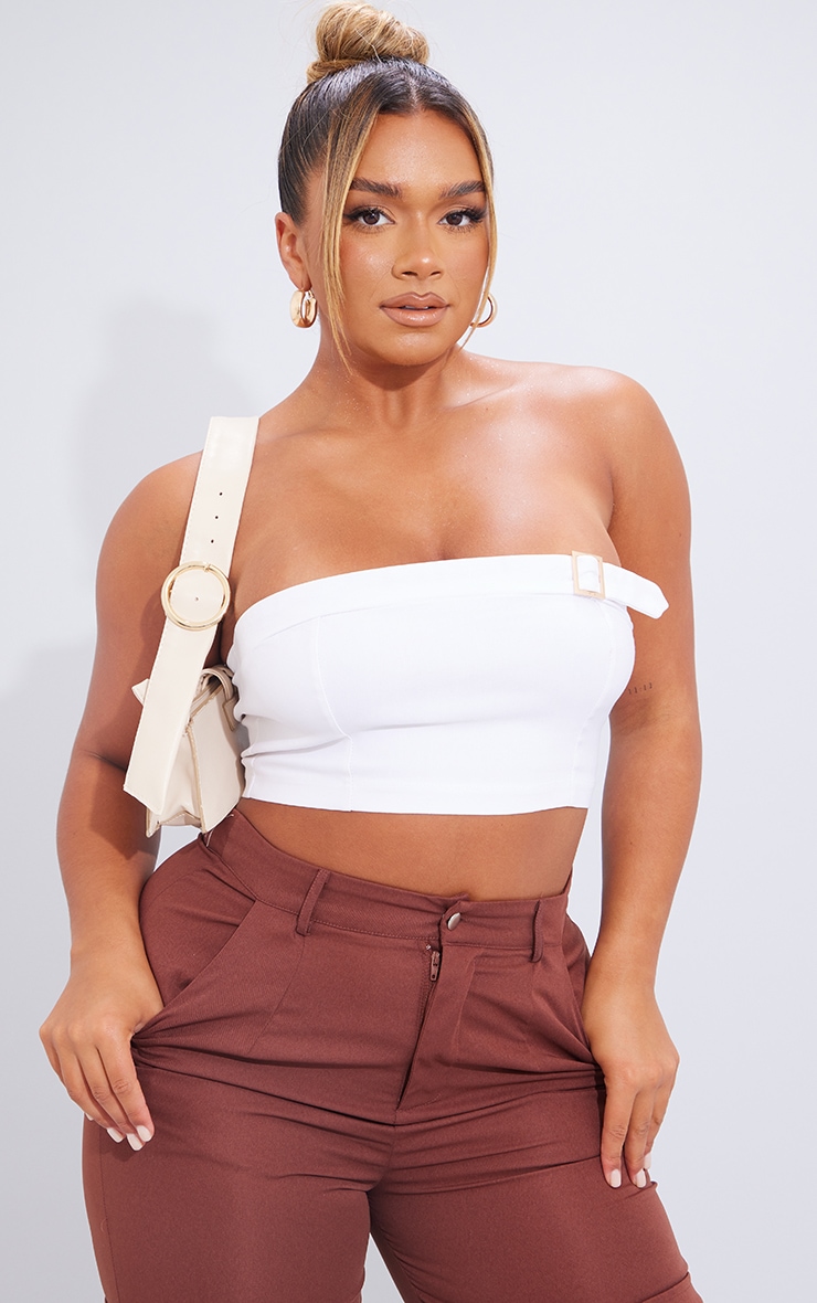 Shape Cream Stretch Woven Buckle Detail Crop Top