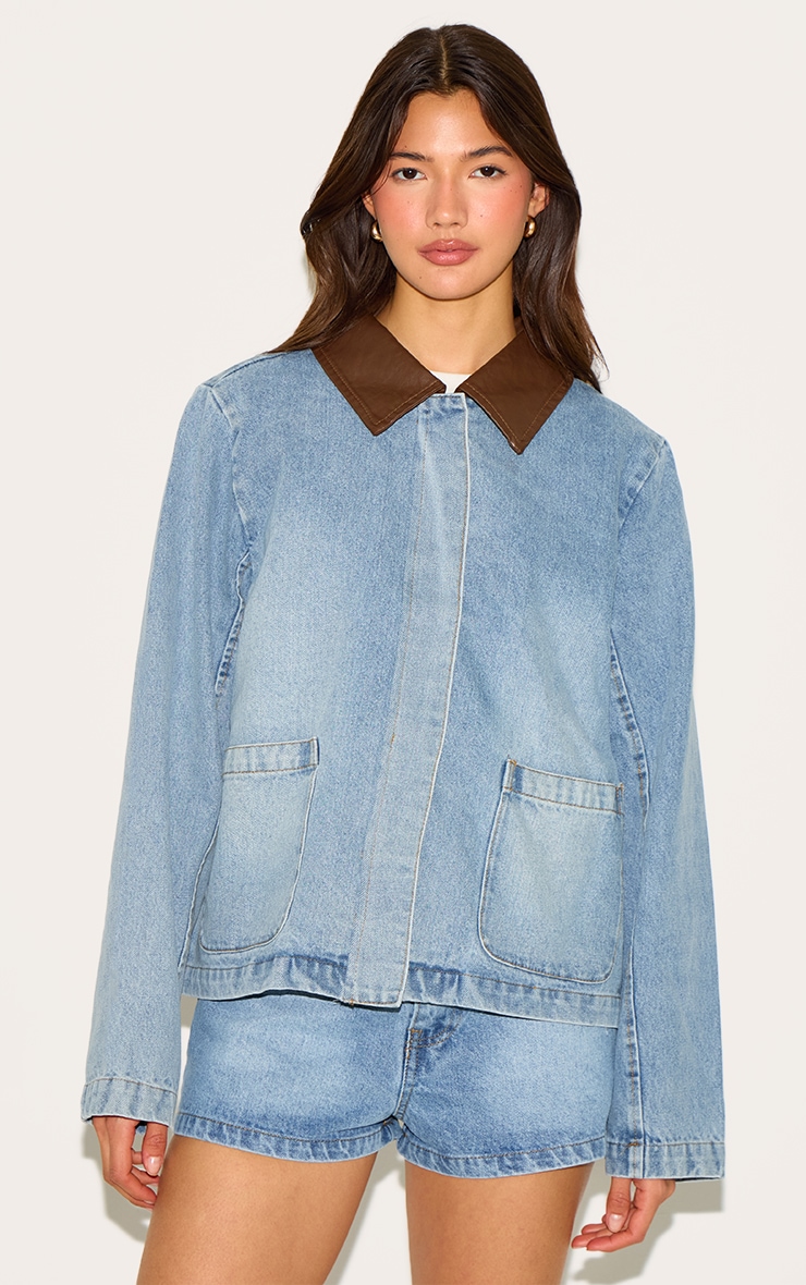 Veste en jean bleu clair vintage à col replié marron image 1