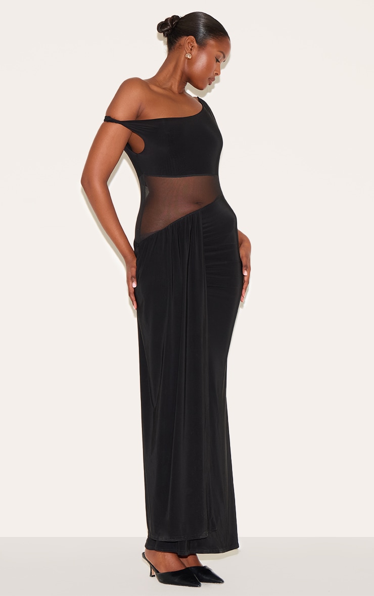 Black Slinky Asymmetric Mesh Cut Out Maxi Dress image 3