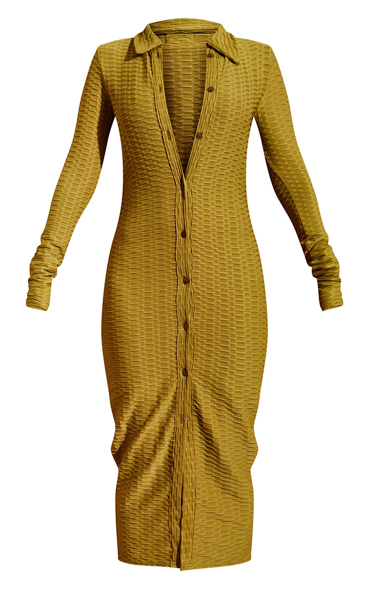 Olive Textured Long Sleeve Down Midi Shirt Dress Dresses PLT KSA