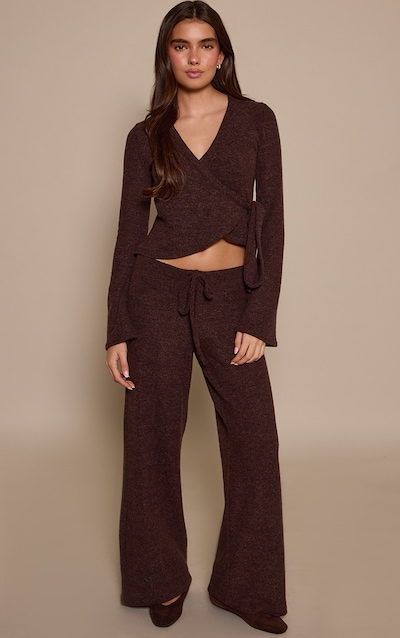 Dark Brown Marl Ribbed Wide Leg Pants