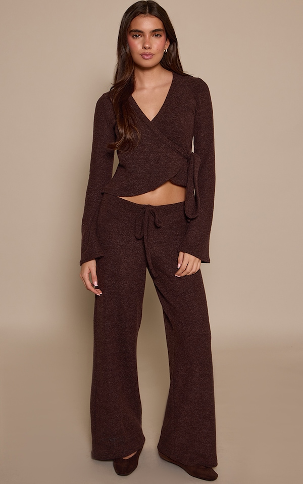 Dark Brown Marl Ribbed Wide Leg Trousers