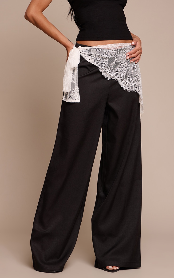 Black Lace Wrap Detail Woven Wide Leg Pants image 2