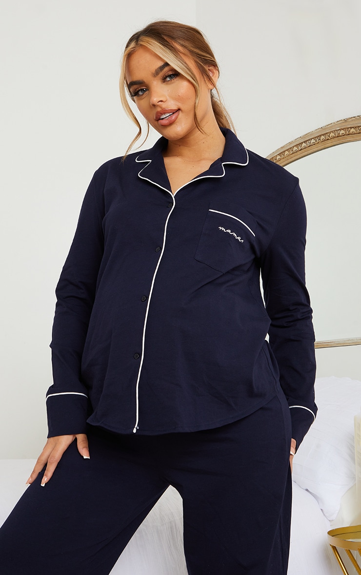 Maternity Navy Mama Long Sleeve Button Up PJ Top Maternity PrettyLittleThing