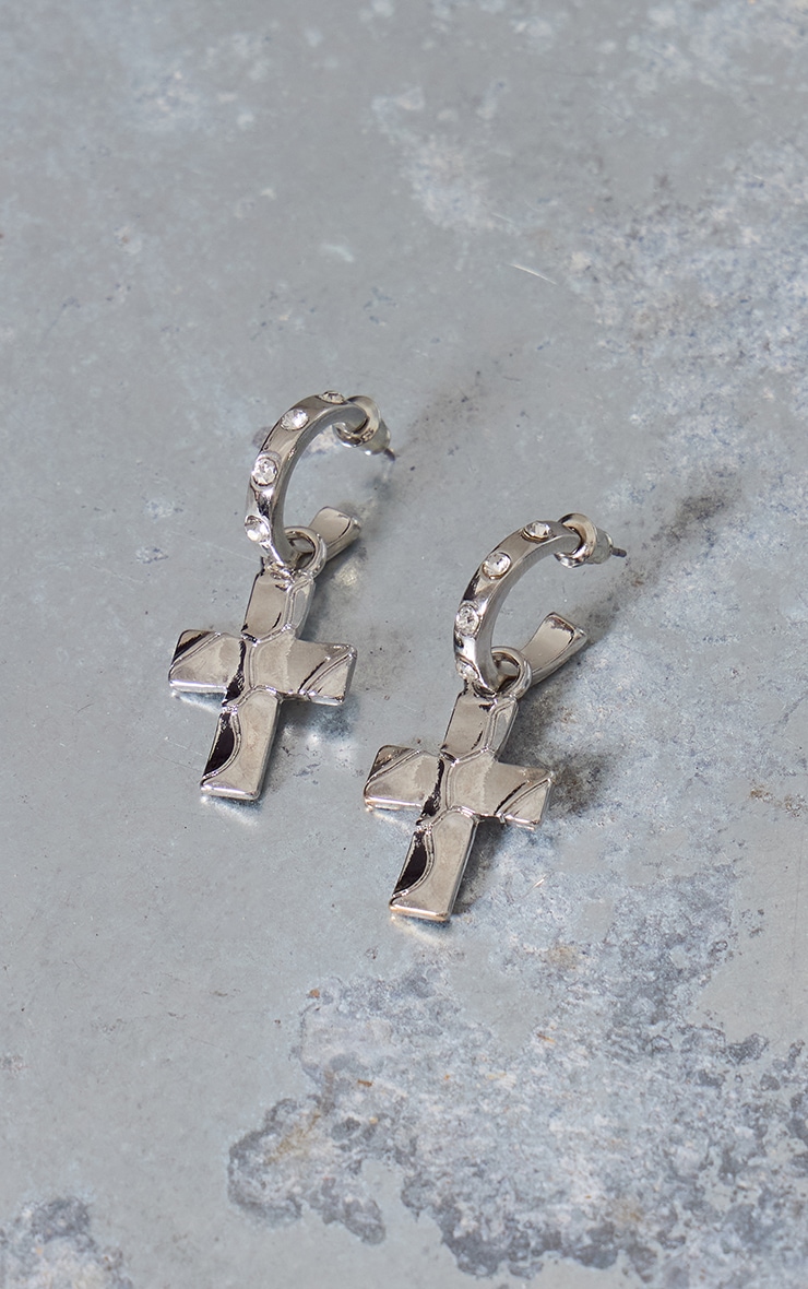 Silver Cross Single Hoop Earrings image 2