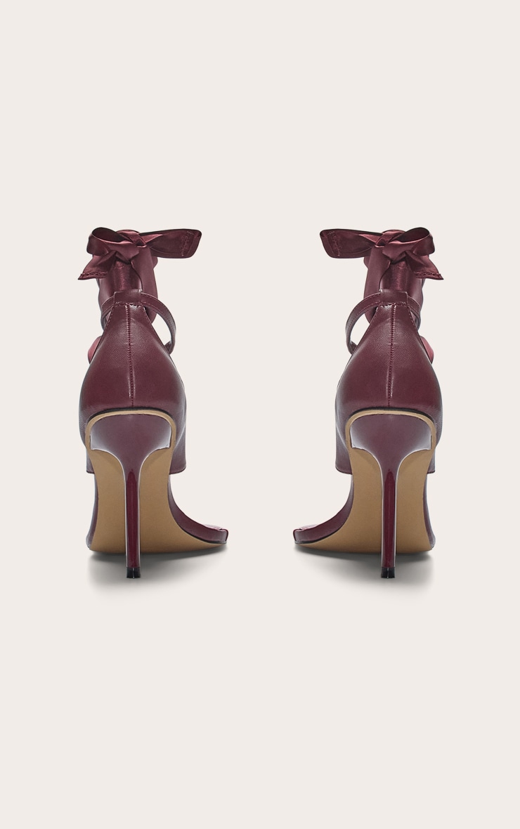 Burgundy Pu Round Toe Thong Ribbon Lace Up High Stiletto Heeled Sandals. image 3