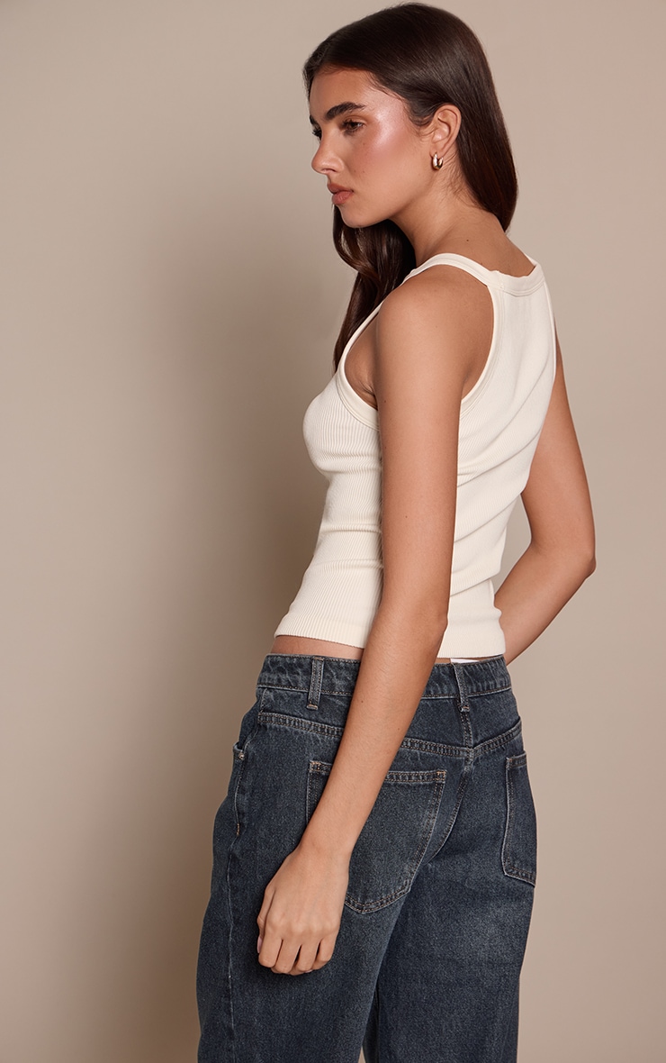 Cream Snatched Rib High Neck Racer Vest Top  image 2