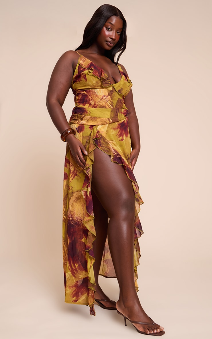 Plus Olive Smudge Chiffon Frill Plunge Strappy Maxi Dress image 3