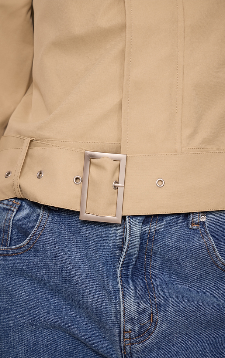 Beige Cropped Belted Biker Jacket image 4