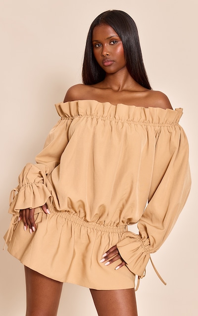 Mini robe bustier tissée moutarde à manches longues et détails noués
