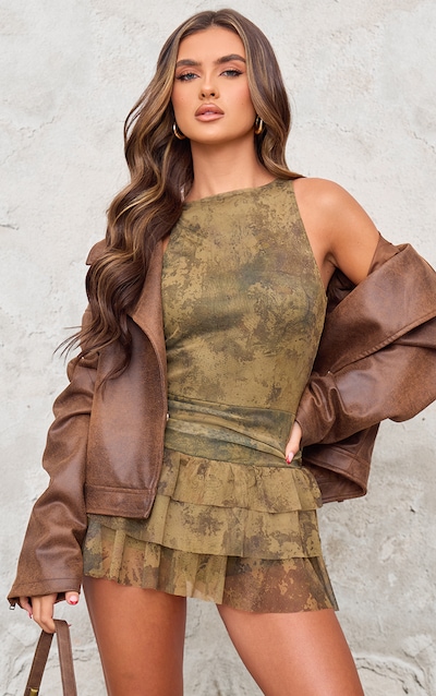 Khaki Print Mesh Rara Frill Skort Playsuit