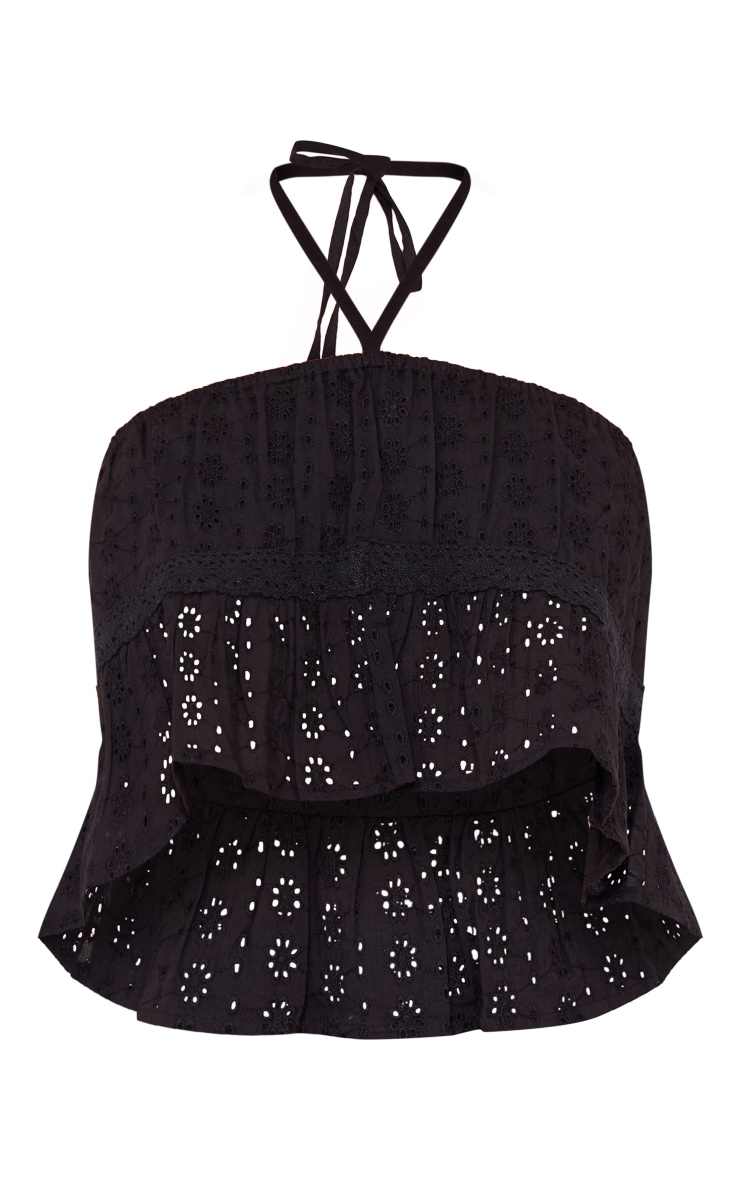 Black Broderie Crochet Trim Halter Crop Top image 5