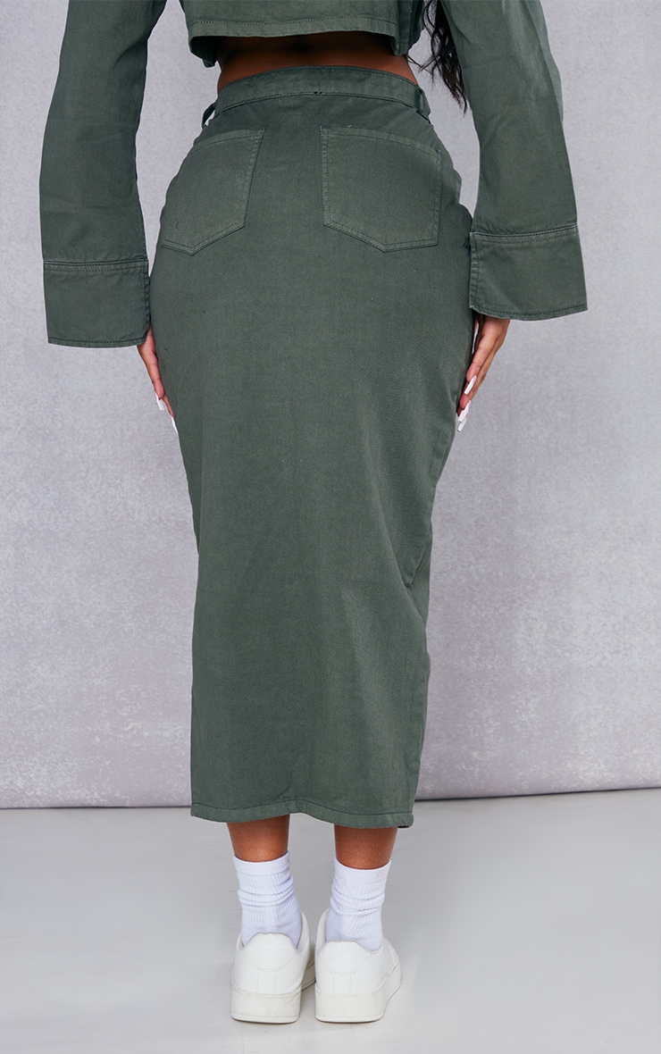 Khaki Twill Split Hem Midi Skirt image 3