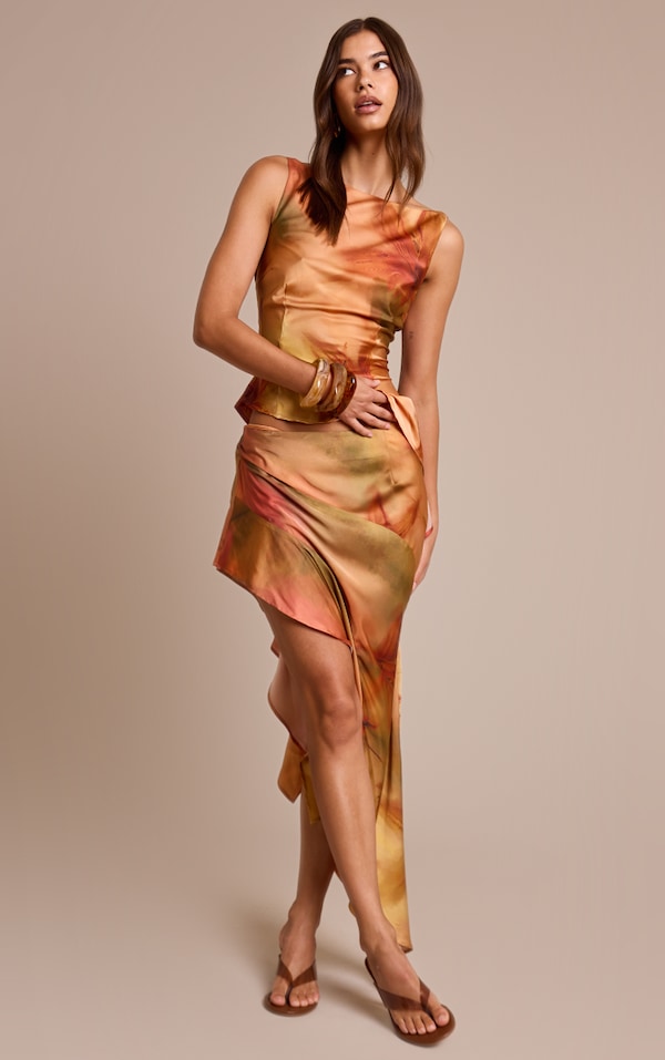 Burnt Orange Printed Satin Asymmetric Ruffle Midi Skirt