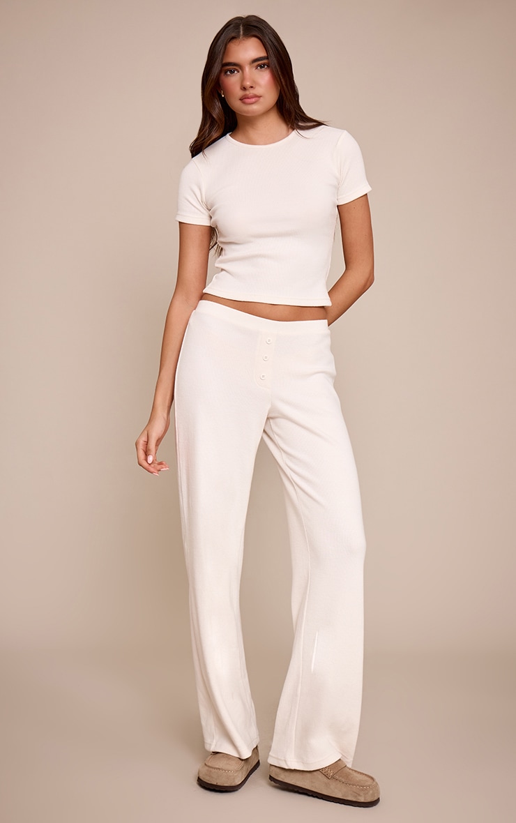 Crop top ajusté brossé côtelé crème à manches courtes image 3