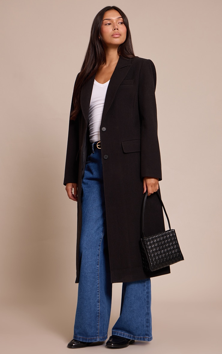 Black Single Breasted Seam Detail Wool Look Maxi Coat image 3