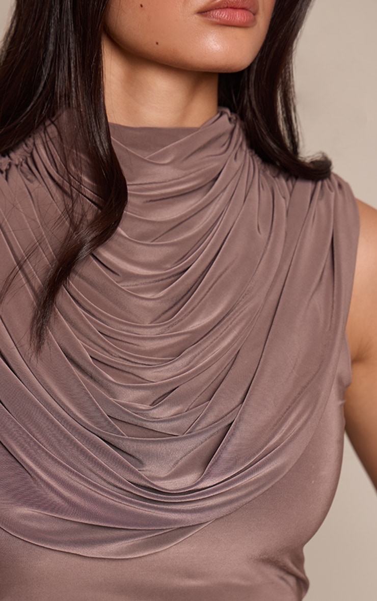 Taupe Slinky Draped Neck Sleeveless Top image 4