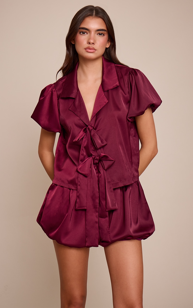 Burgundy Puffball Bow Tie Up Short Pyjamas image 3